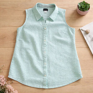 Women's Vintage Basic Editions Green & White Seersucker Sleeveless Button Down S